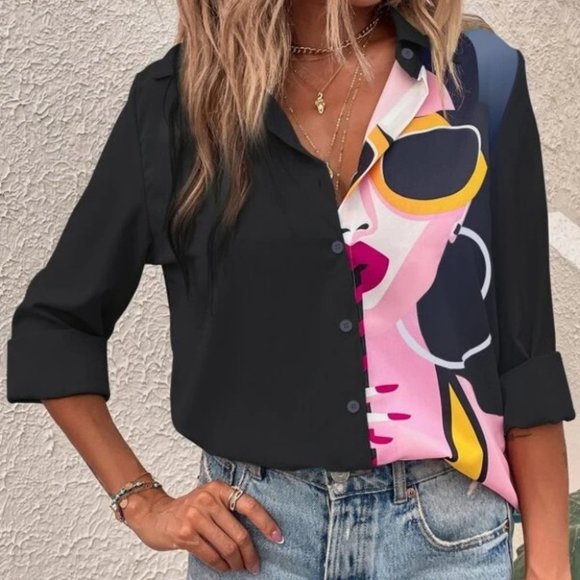 MODA ME COUTURE Tops - Black Figure Printed Button Down Front Blouse